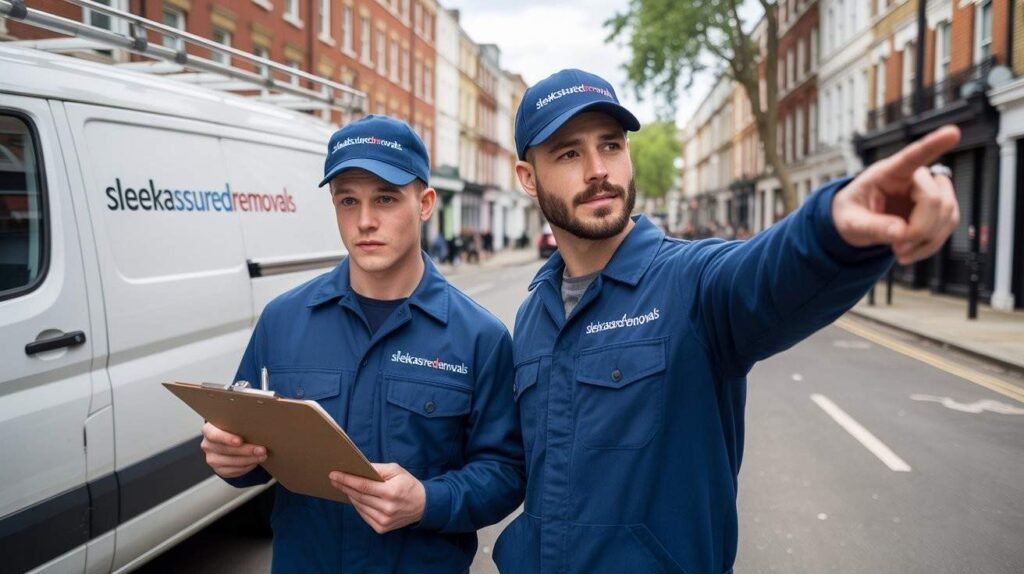 sleekassuredremovals uniformed movers beside a branded van on a Office Removals across Hackney, London street, showing local service coverage