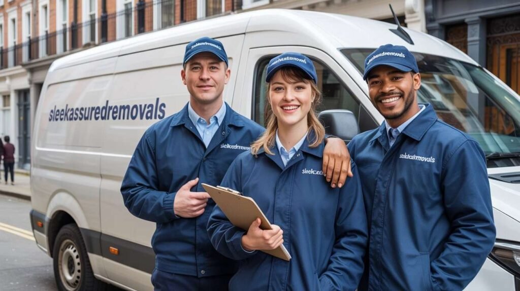 Our Local Man and Van Team uniformed movers standing beside a branded van in Southwark