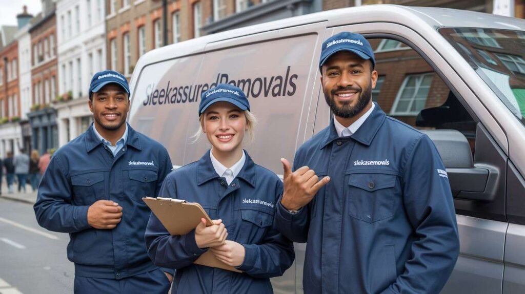 Three removals uniformed movers standing beside a branded van in Camden