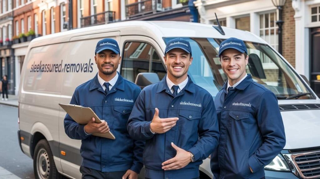 Man and van team in Southwark standing by a service van with a clipboard