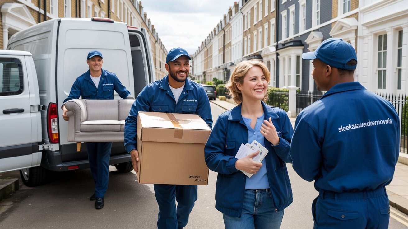 Mover talking with a customer while two team members carry boxes to the van