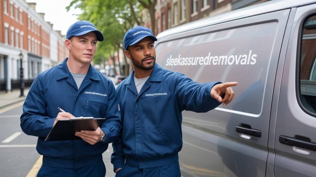 Two sleekassuredremovals movers in navy uniform discuss service coverage in Lambeth while standing beside a branded van