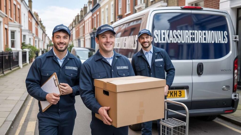 Professional movers with boxes beside a removals van in Camden