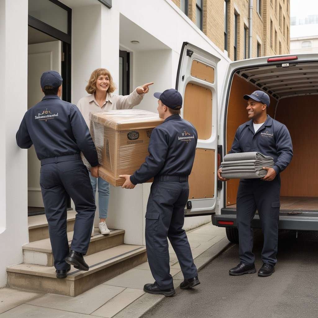 Professional movers delivering wrapped furniture to a South London flat