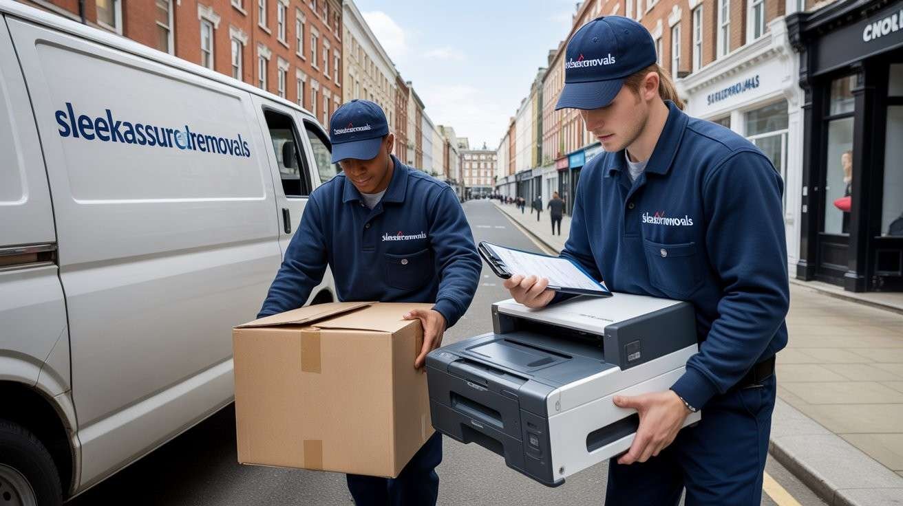Two Professional movers loading boxes ans office items into a van