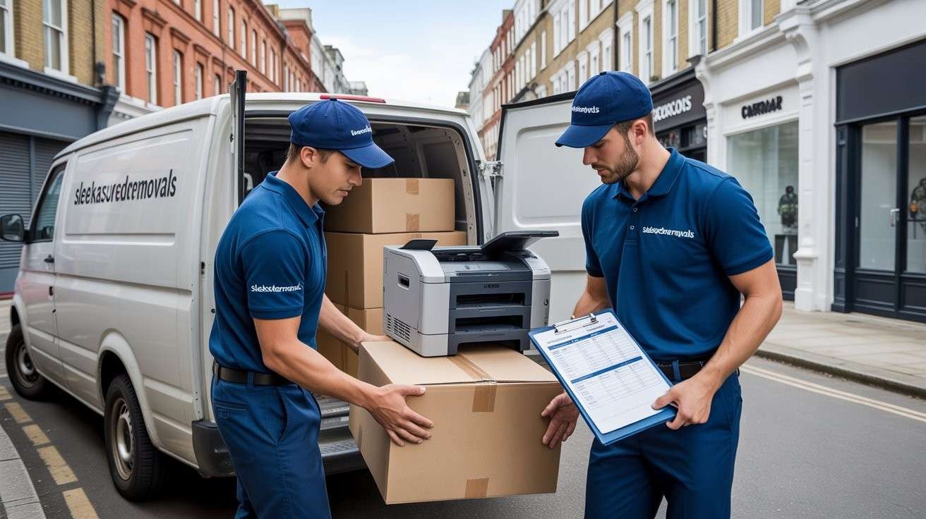 Professional sleekassuredremovals movers remove office items with a clipboard check, showing a reliable office removal service