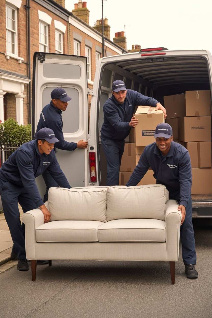 Professional Fulham man and van movers loading boxes and carrying a large sofa