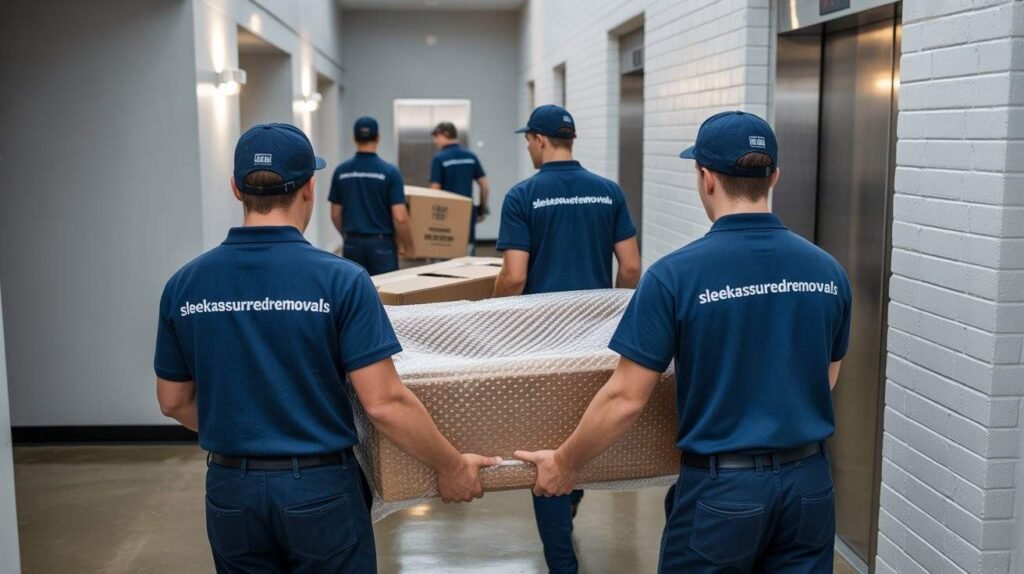 Four movers in navy-blue uniforms carrying boxes and furniture