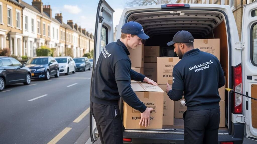 Two movers loading boxes into a van
