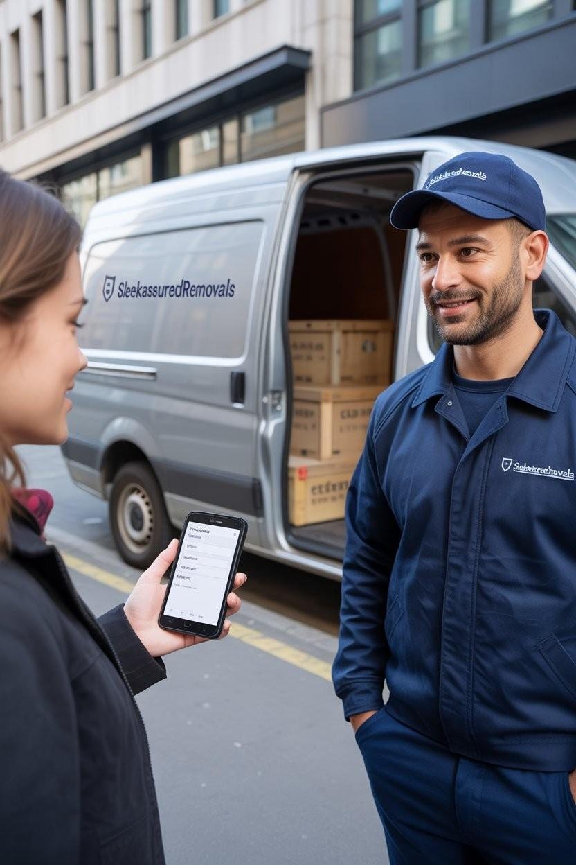 Customer requesting a quote on a phone beside a Sleekassuredremovals mover in Lambeth