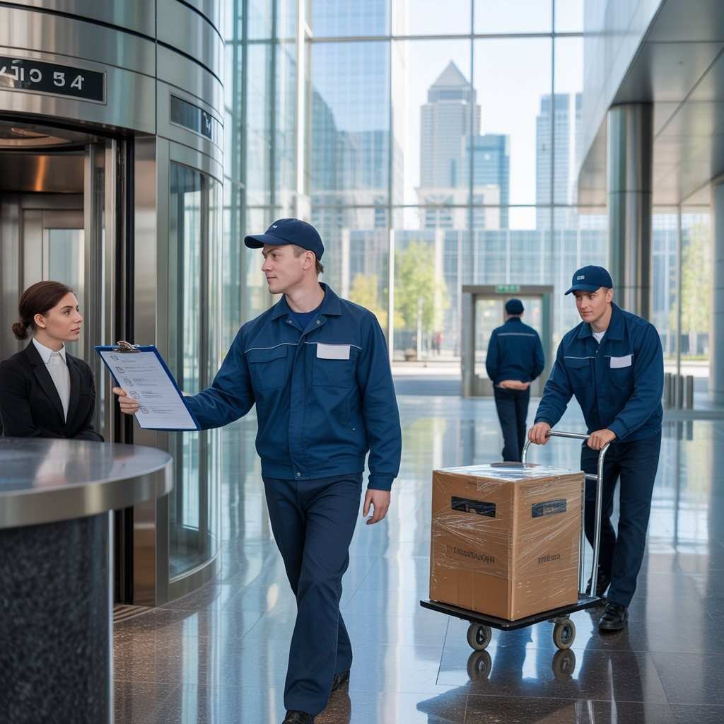 Mover with a clipboard speaking to a customer while another mover loads boxes on a trolley