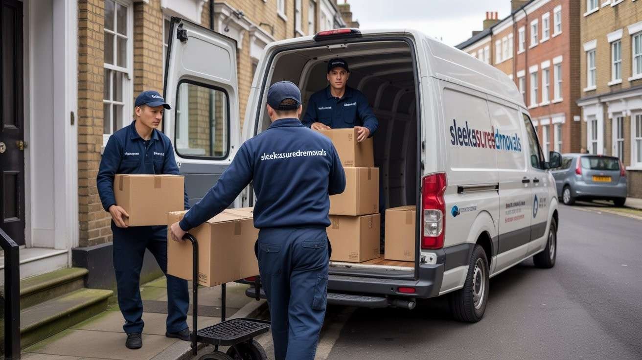 sleekassuredremovals movers unload boxes beside a branded van on a narrow Hackney street, showing careful planning for tight access