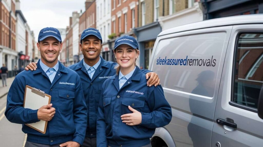 Two sleekassuredremovals uniformed movers standing beside a branded van in Camden, London NW1