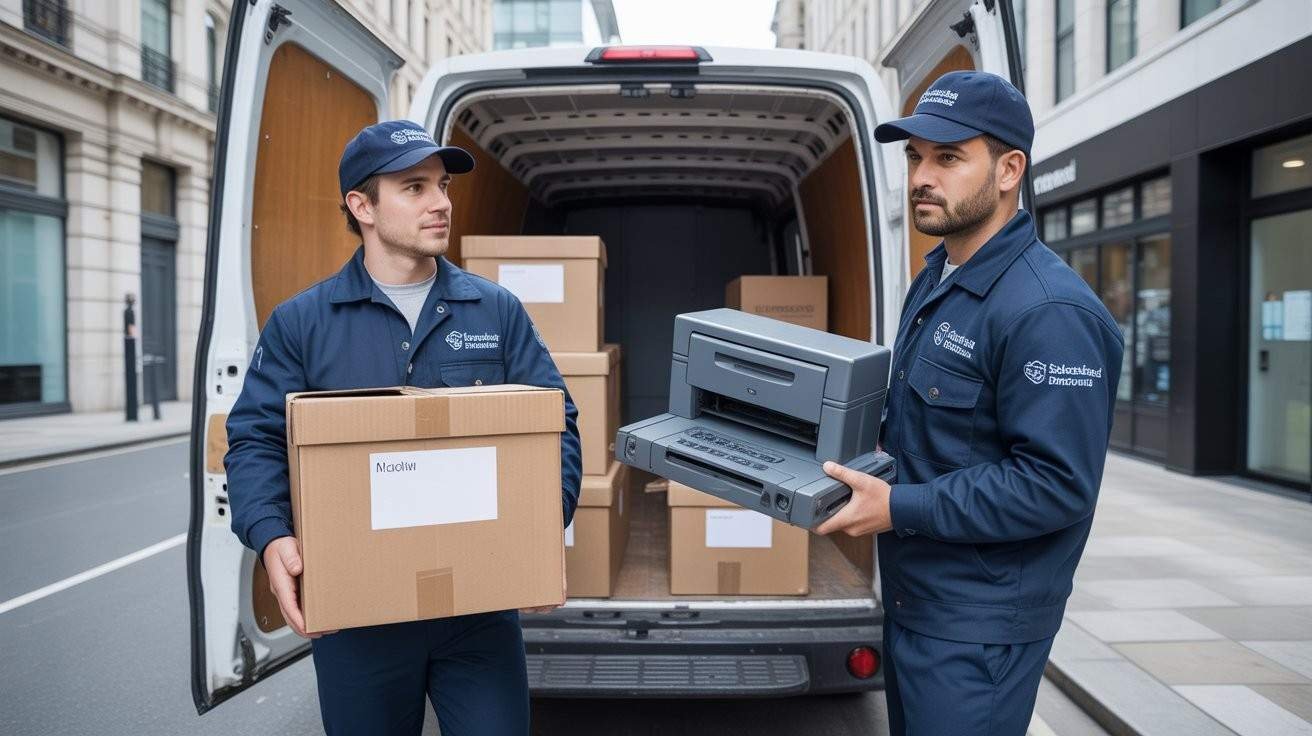 Two movers carrying boxes and furniture beside a van in Southwark
