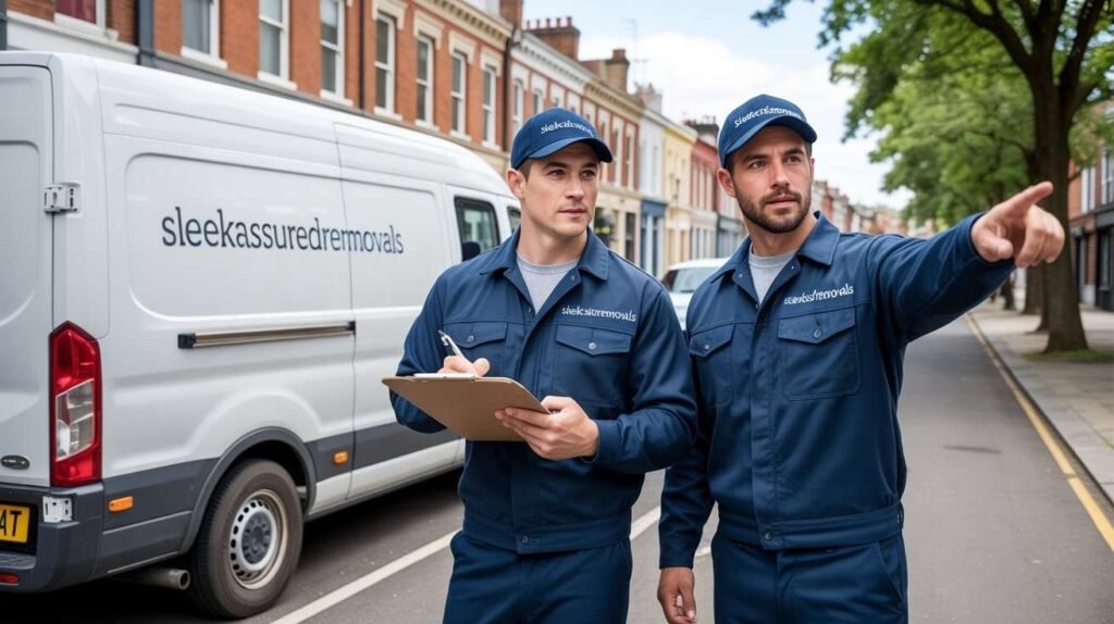 Two sleekassuredremovals uniformed movers beside a branded van on a Camden,showing local service coverage
