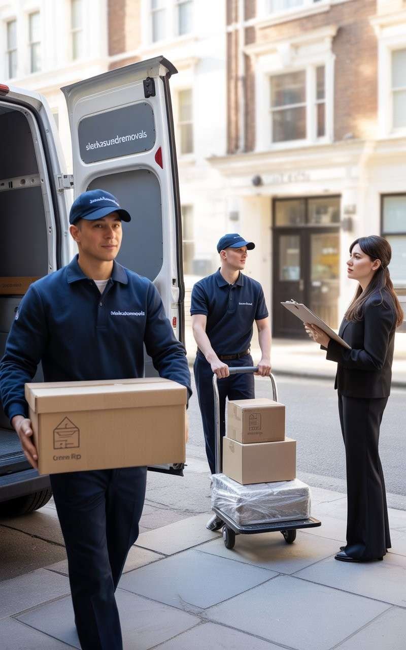 Sleekassuredremovals movers load and deliver boxes by room from a branded van while the customer confirms details on-site in Hackney