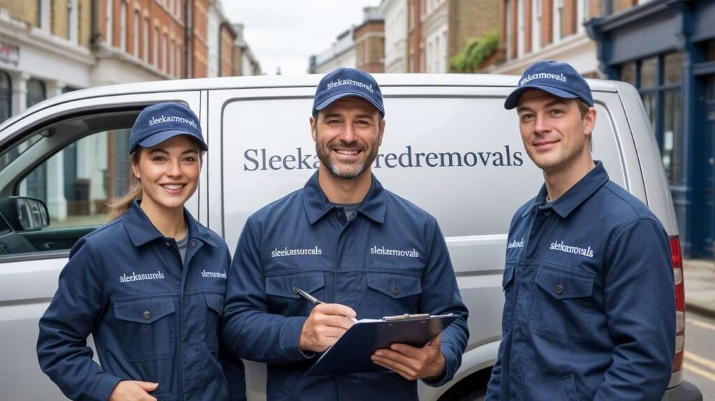 sleekassuredremovals uniformed movers standing beside a branded van in Lambeth, London