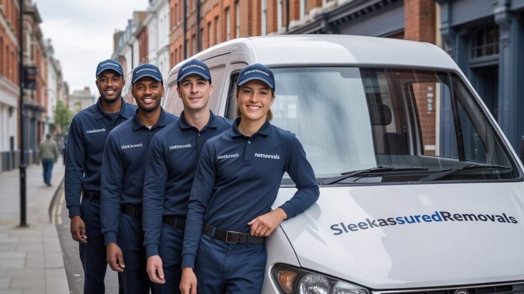 sleekassuredremovals moving team of four beside a branded van, showing local presence and reliability