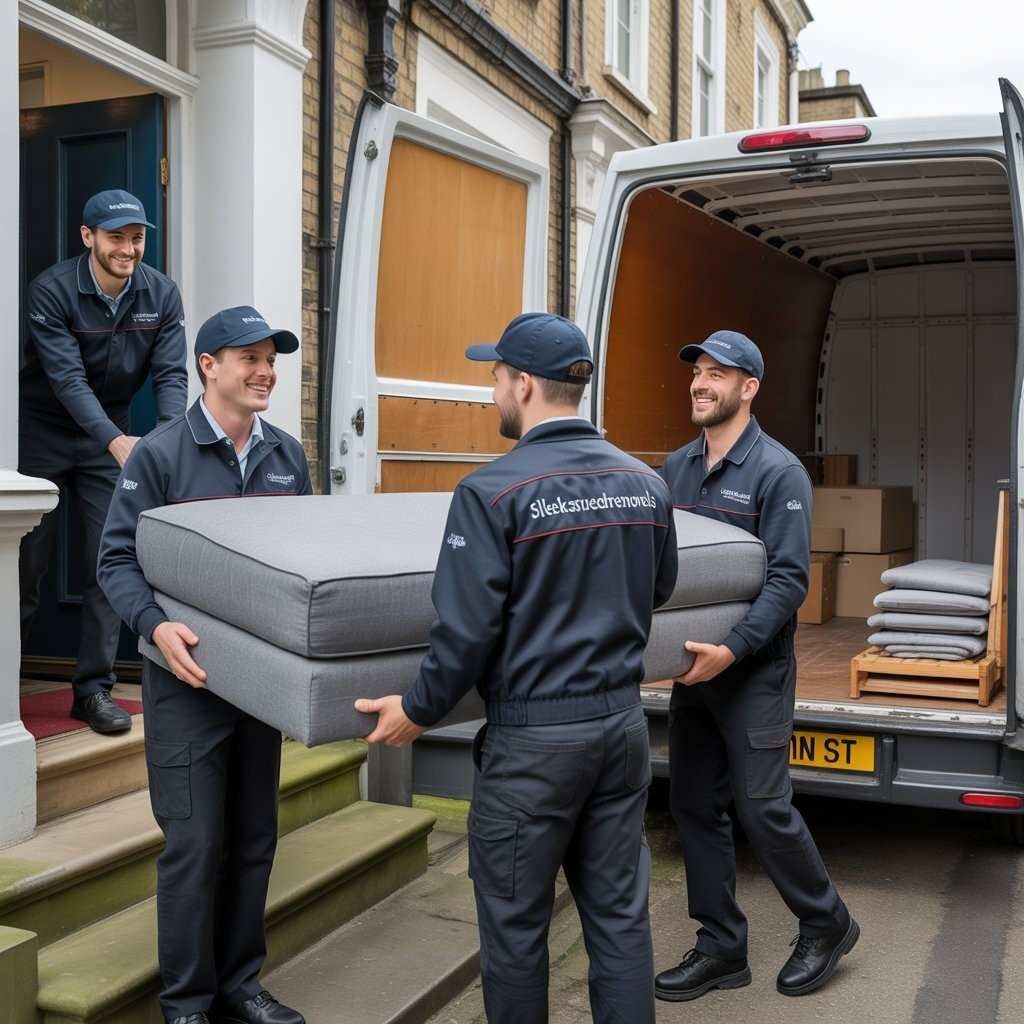 Professional furniture delivery team carrying a wrapped sofa into a South London home