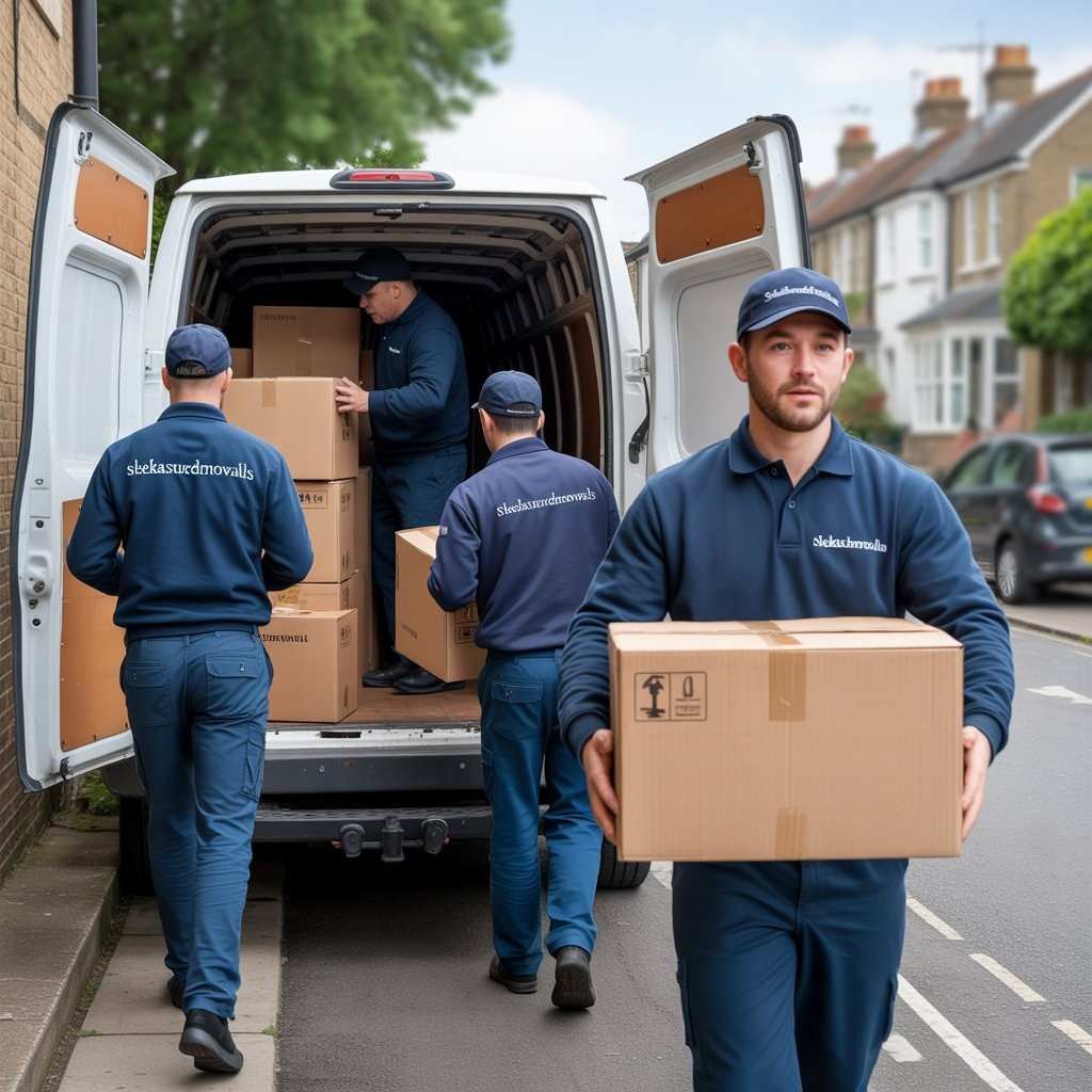 movers loading and securing boxes in a van