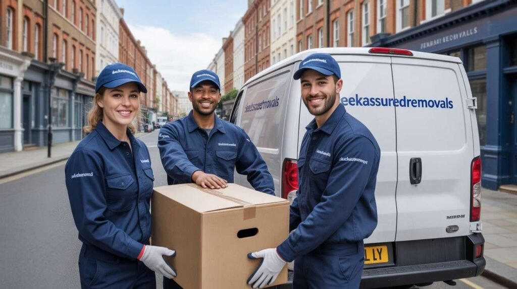 Three sleekassuredremovals movers carrying boxes beside a branded van parked on a Hackney street