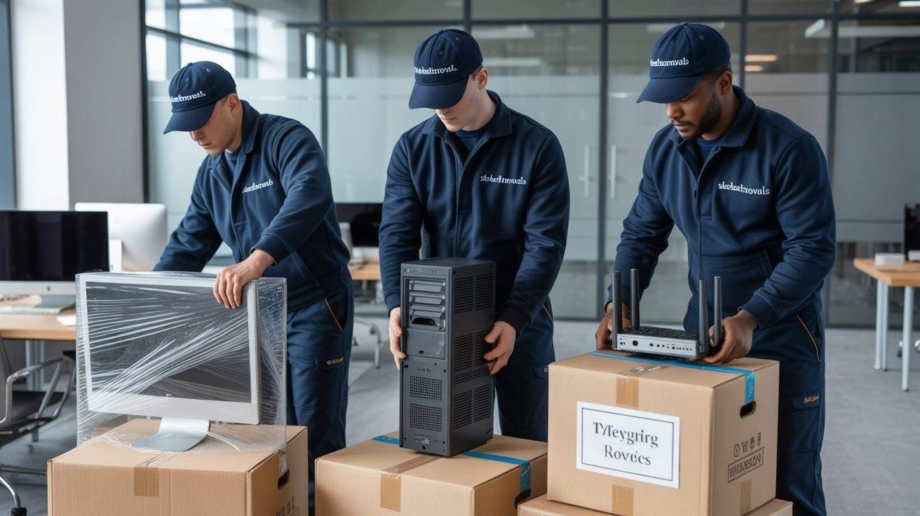Professional sleekassuredremovals team carefully packing IT equipment and office items for an office move