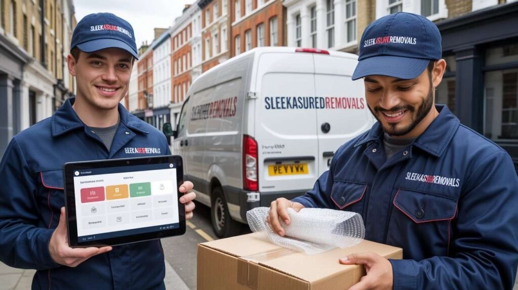 sleekassuredremovals team planning building access and stairs for a Camden move next to a branded van