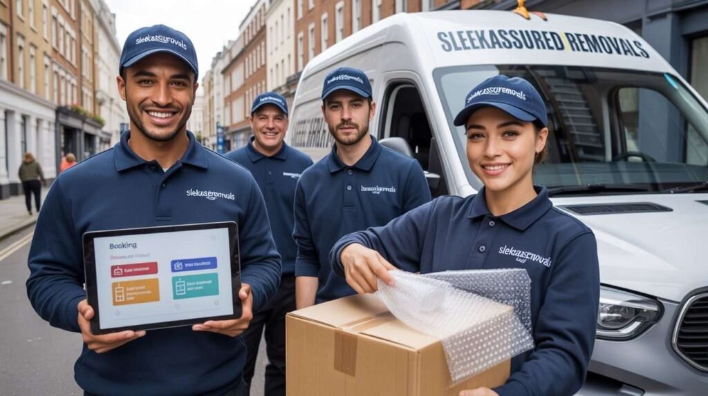 Sleekassuredremovals movers reviewing a move plan on a tablet beside a van in Lambeth