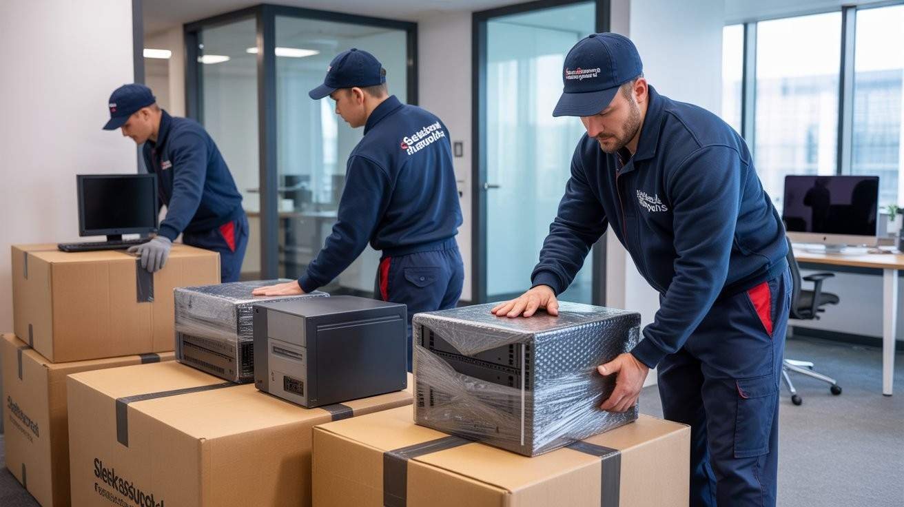 Office IT equipment packing service: movers securely wrapping monitors and desktop computers