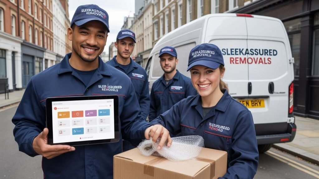 Man and van team reviewing a move plan on a tablet beside a van in Southwark London