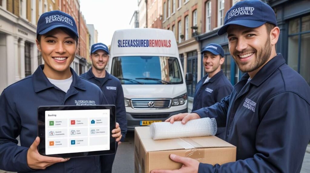 Sleekassuredremovals office removals team reviewing a move plan on a tablet beside a van in Southwark London