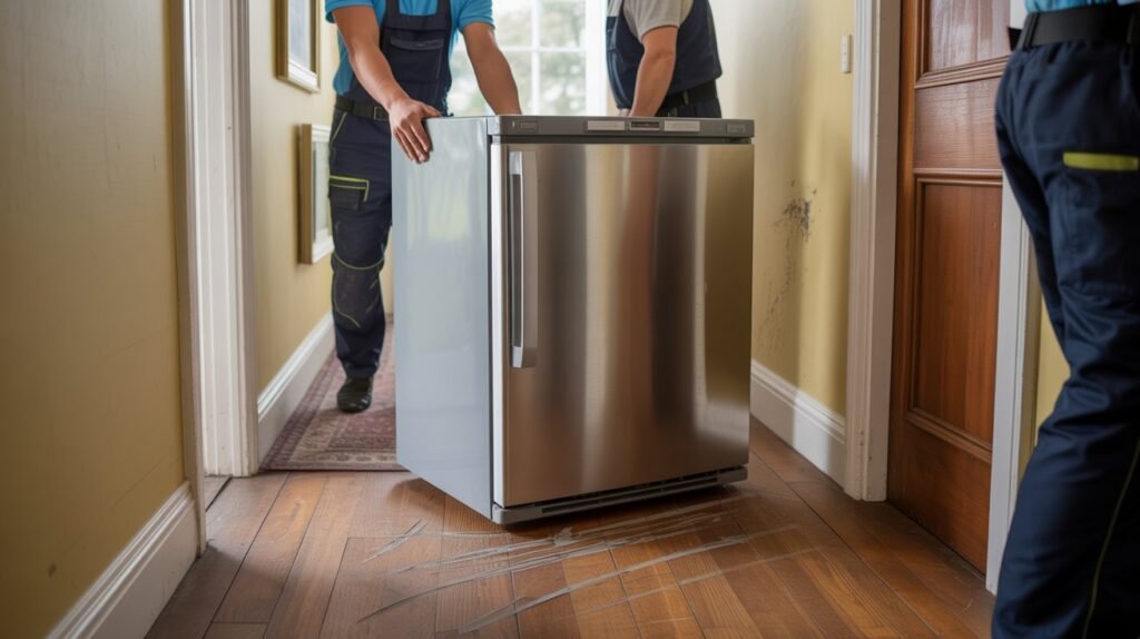 Appliance moving floor and wall damage in a UK home hallway
