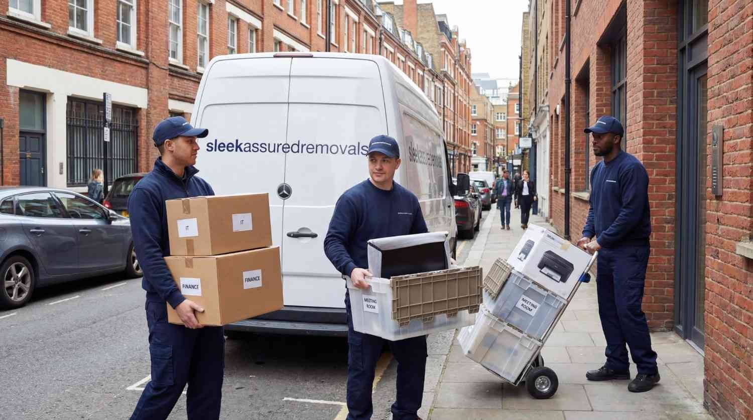Sleekassuredremovals movers unloading labelled office crates beside a branded van in Southwark London