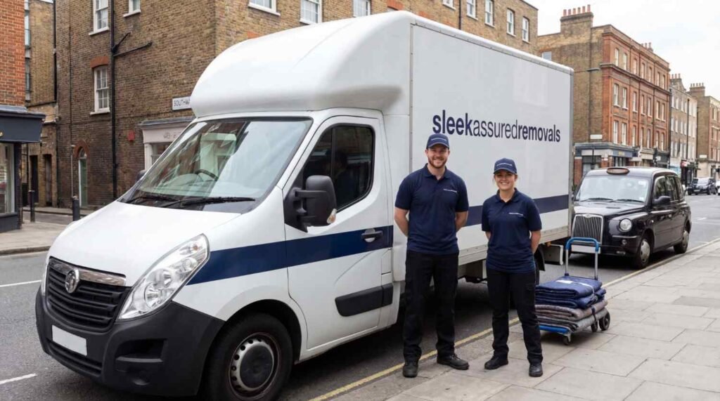 Two Sleekassuredremovals movers beside a branded removal van in Southwark United Kingdom showing local service coverage
