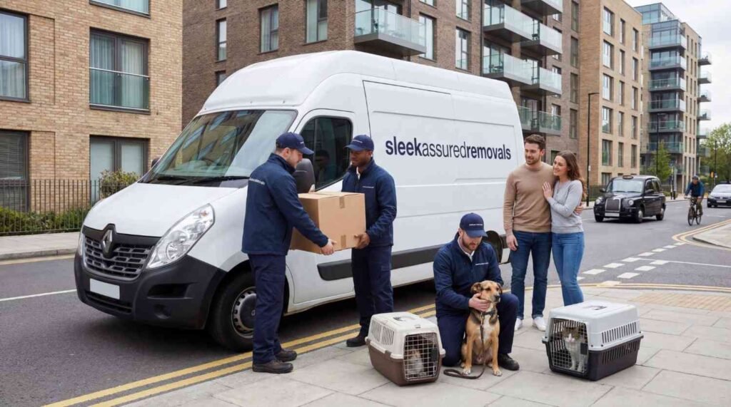 Pet-friendly movers in London helping a dog and cat safely during a home move with a sleekassuredremovals van