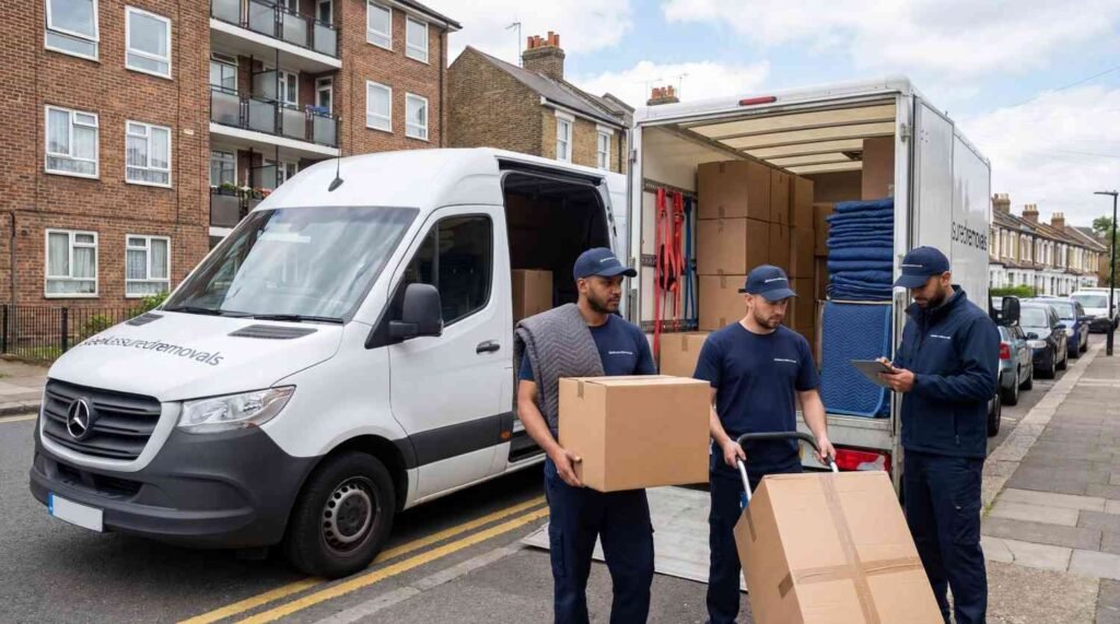 Sleekassuredremovals movers in navy uniforms loading a branded removals van in Southwark United Kingdom