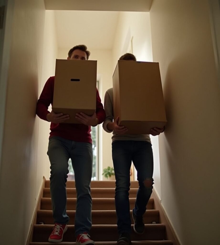 Movers carrying boxes upstairs in London flat