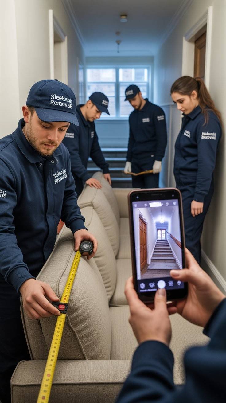 Movers in Fulham measuring a sofa with tape while checking booking