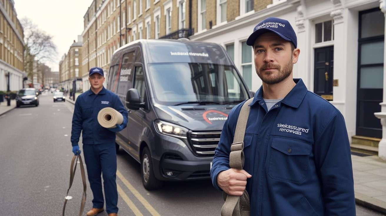 Two uniformed movers holding a carry bag and tie-down strap near a van
