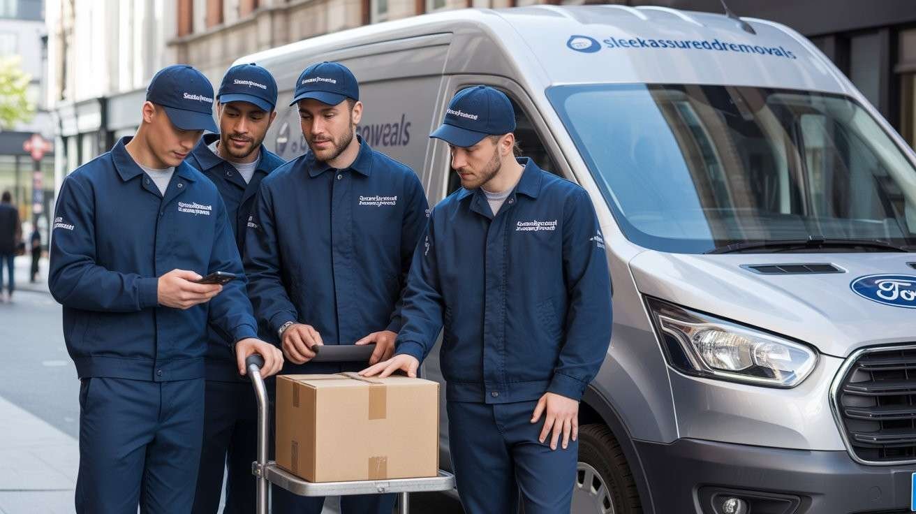 Navy-uniformed movers loading a box beside a sleekassuredremovals van