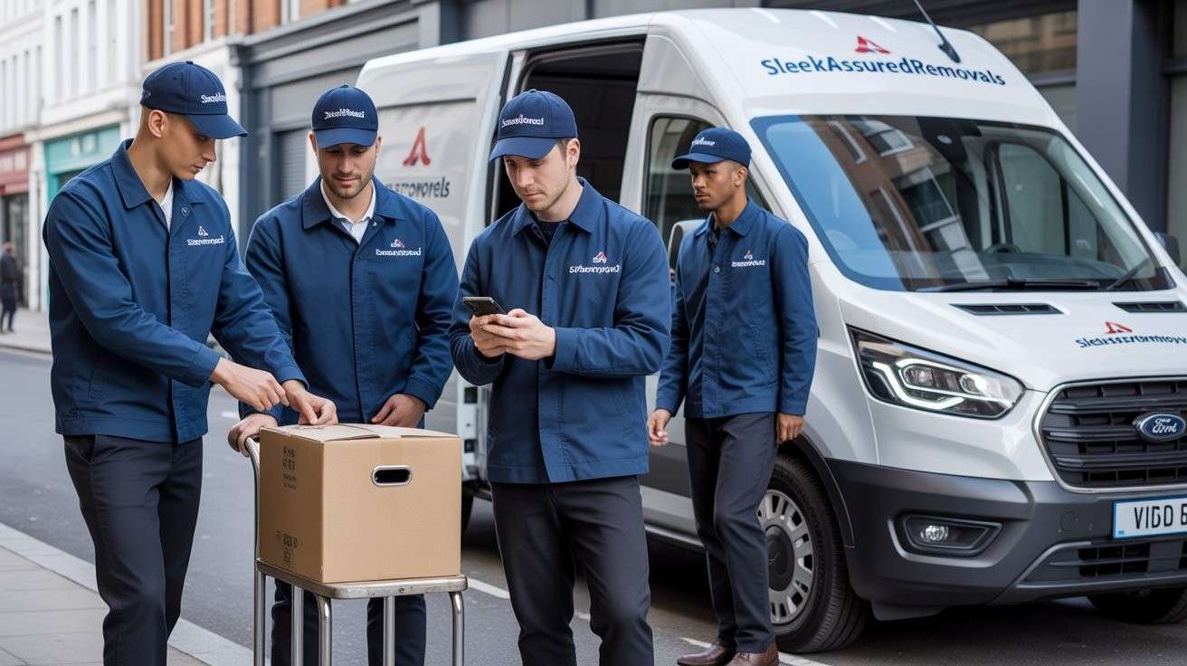 sleekassuredremovals movers in navy uniform load boxes on a trolley beside a branded van