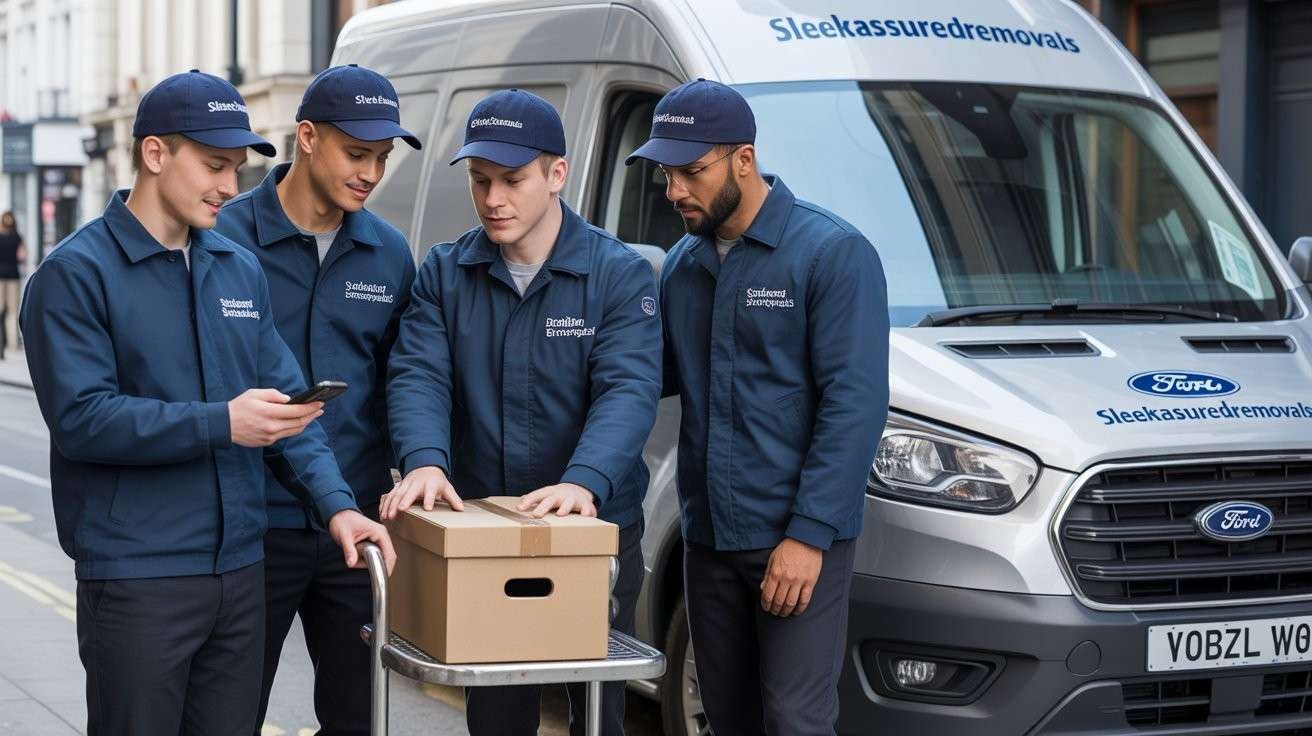 Four sleekassuredremovals movers in navy uniform load boxes on a trolley beside a branded van parked on a Lambeth street