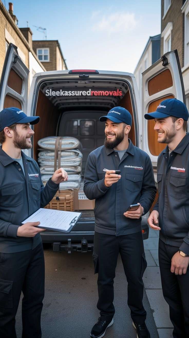 sleekassuredremovals team with a van in South London, checking delivery details on a clipboard