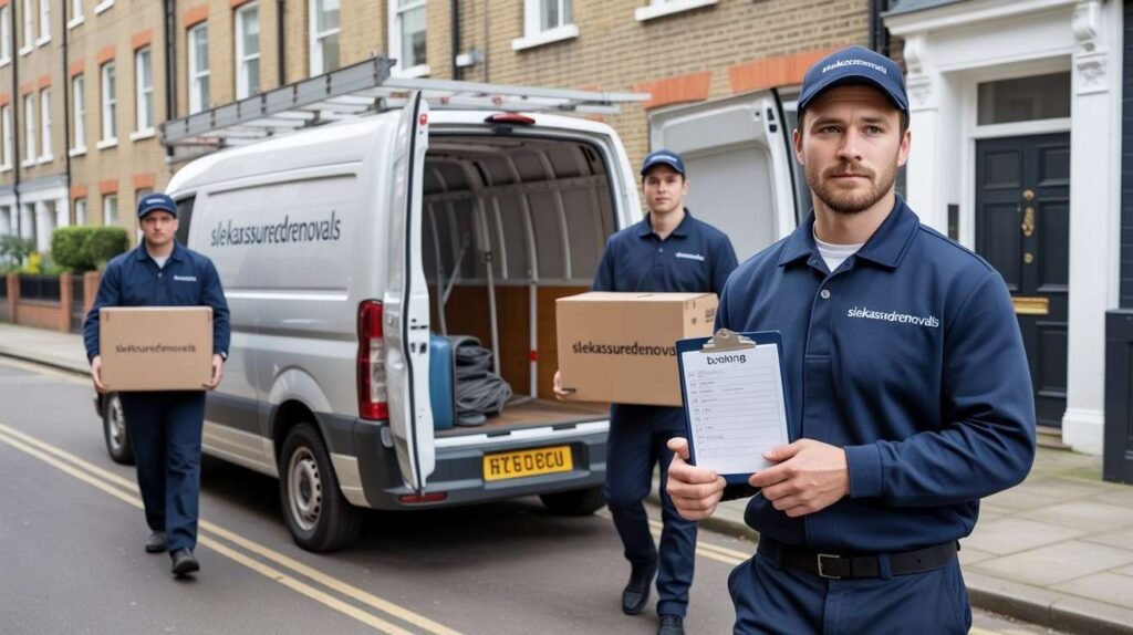 Sleekassuredremovals movers loading a branded removal van in Southwark London United Kingdom