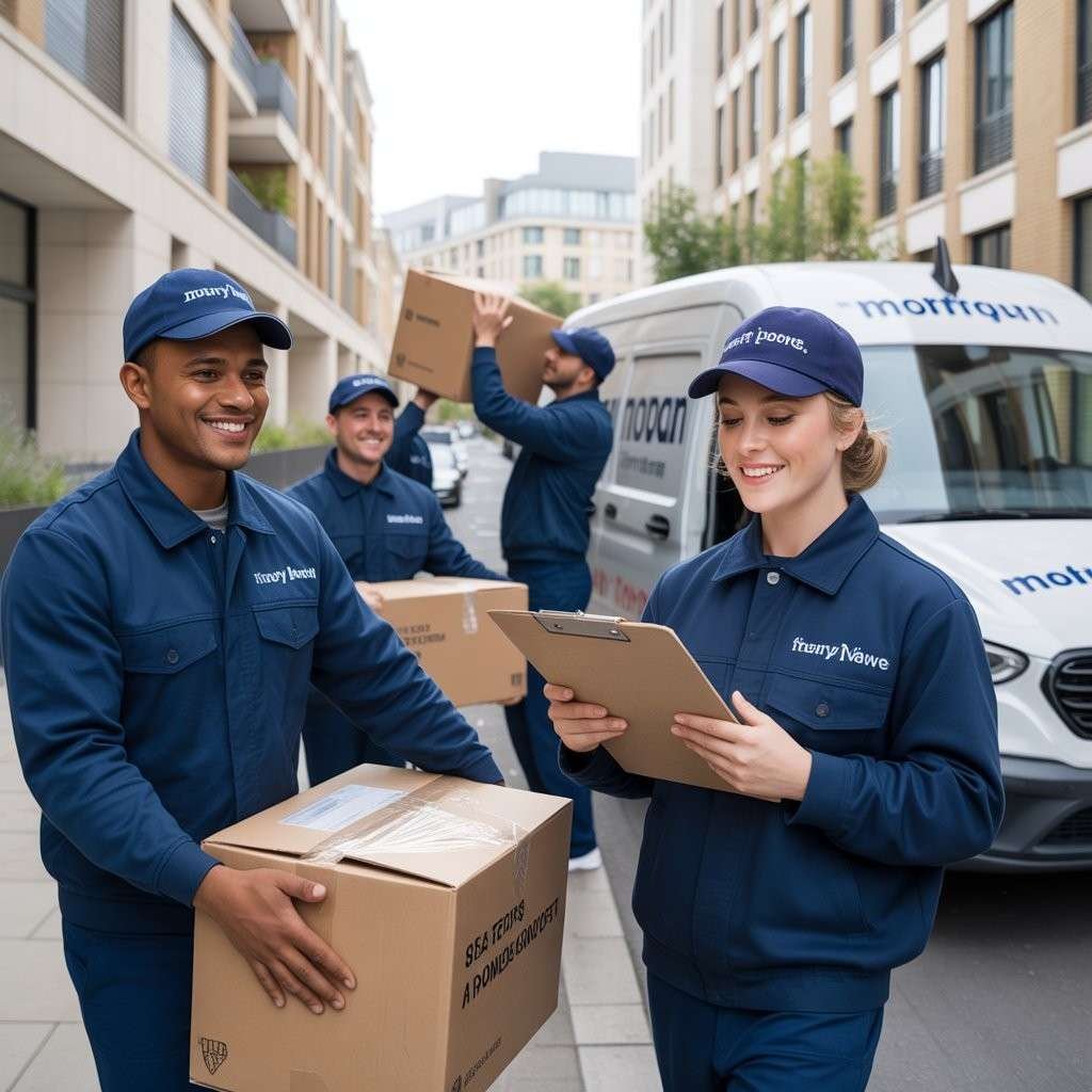 Movers unloading boxes from a van in Dagenham while one checks a clipboard