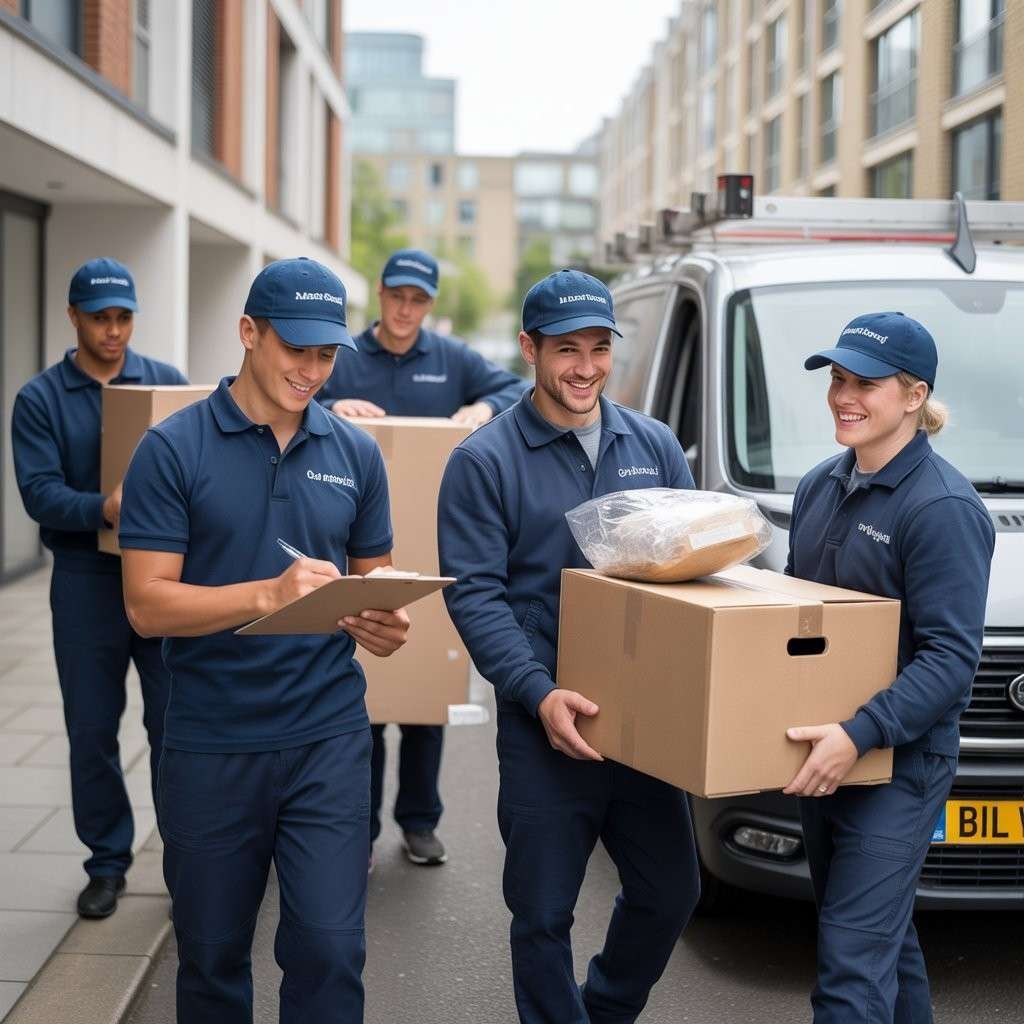 Furniture movers carrying boxes from a van
