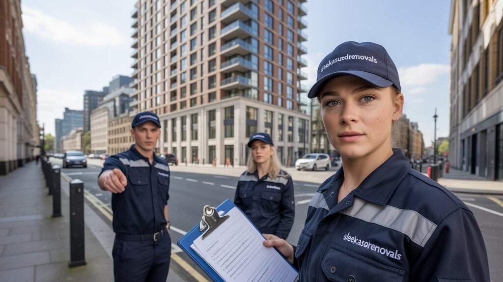 Three movers in Camden discussing service coverage, one holding a clipboard