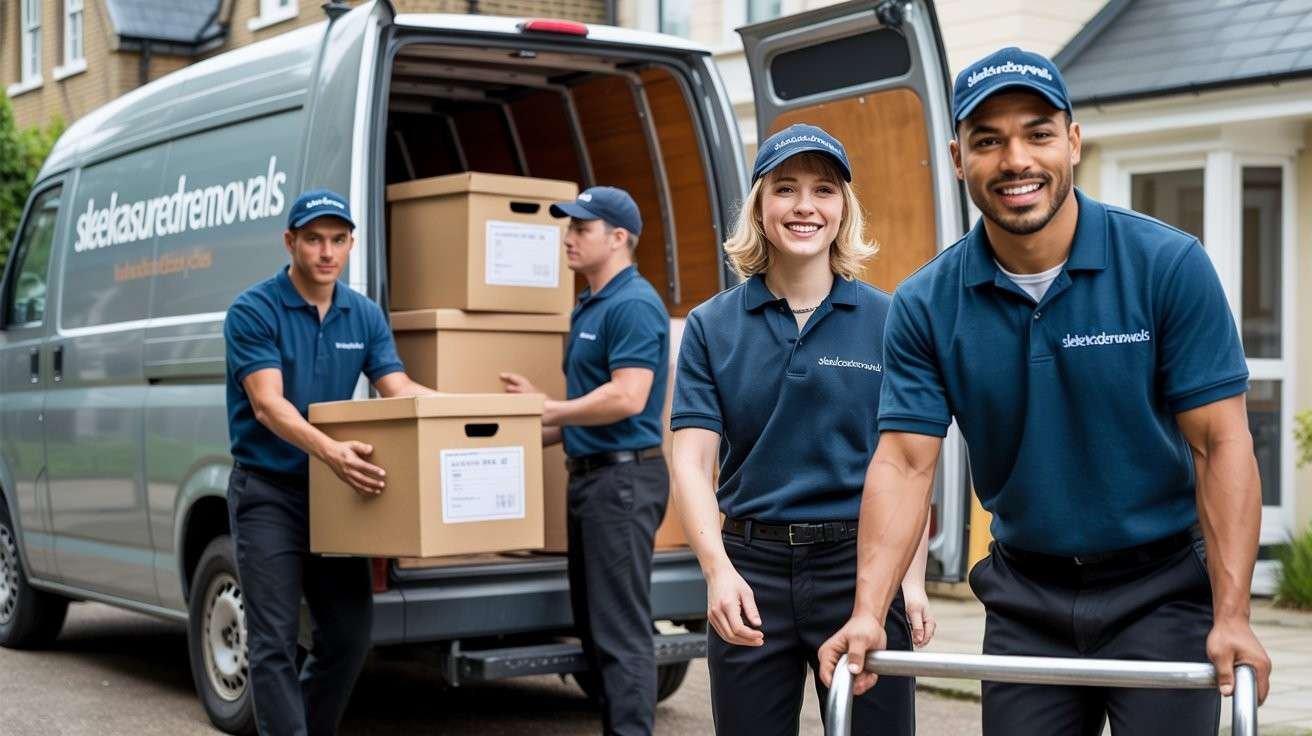 Sleekassuredremovals movers unloading boxes from a van and moving them by trolley in Camden NW1