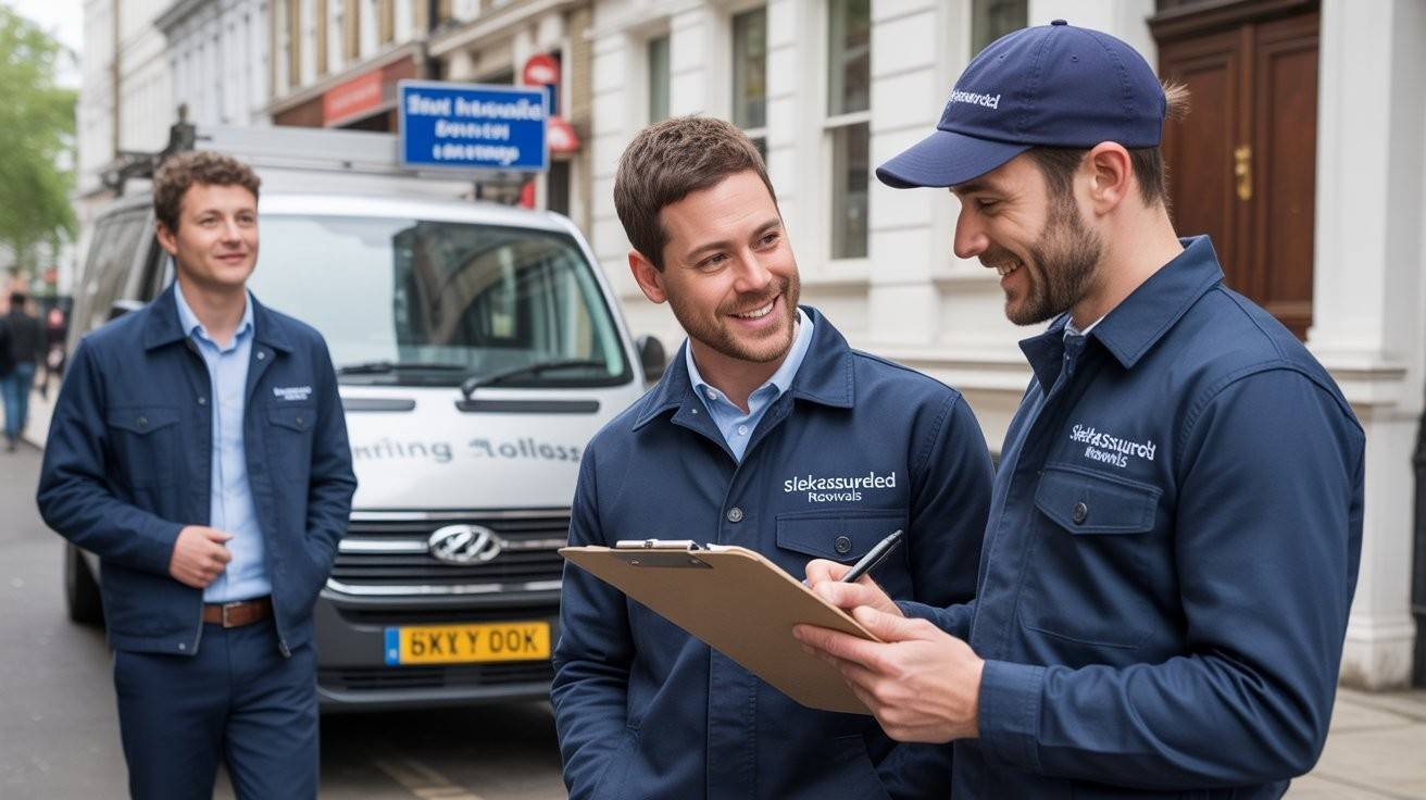 Movers planning and carrying box on stairs with a van