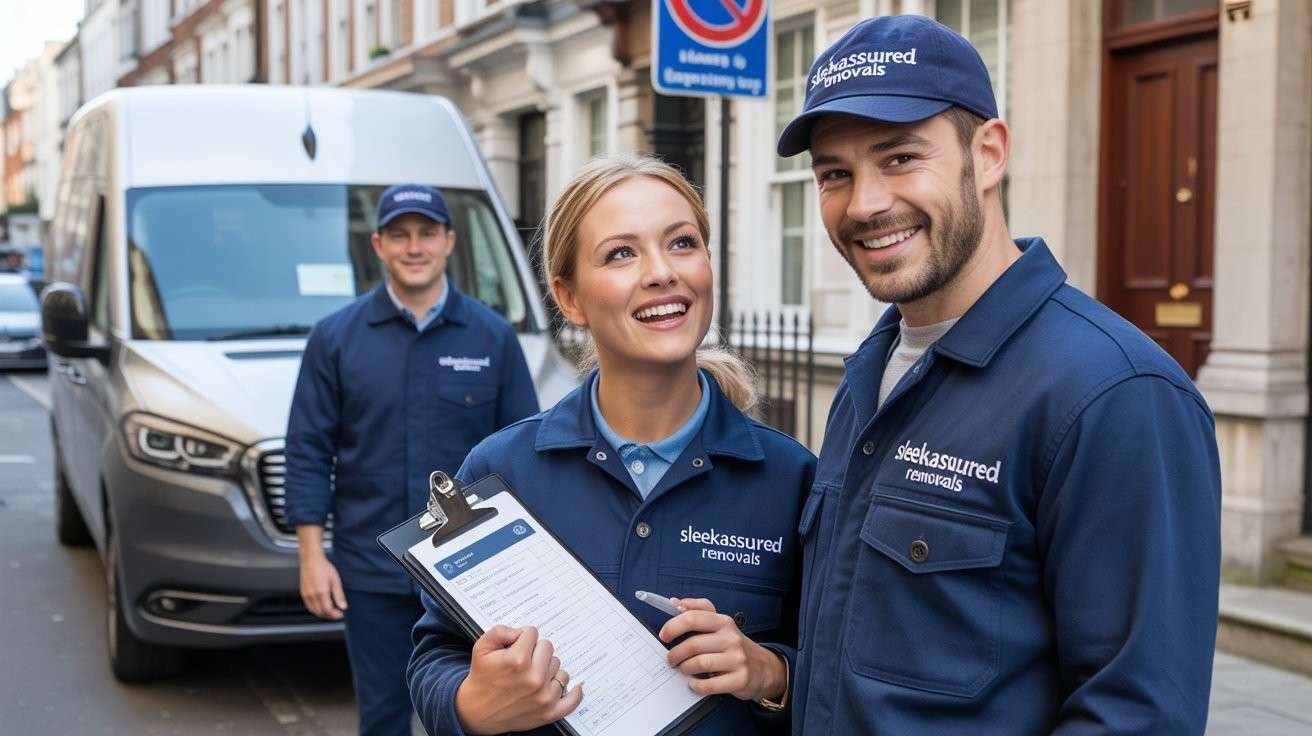 Three professional movers with a van, one holding a clipboard